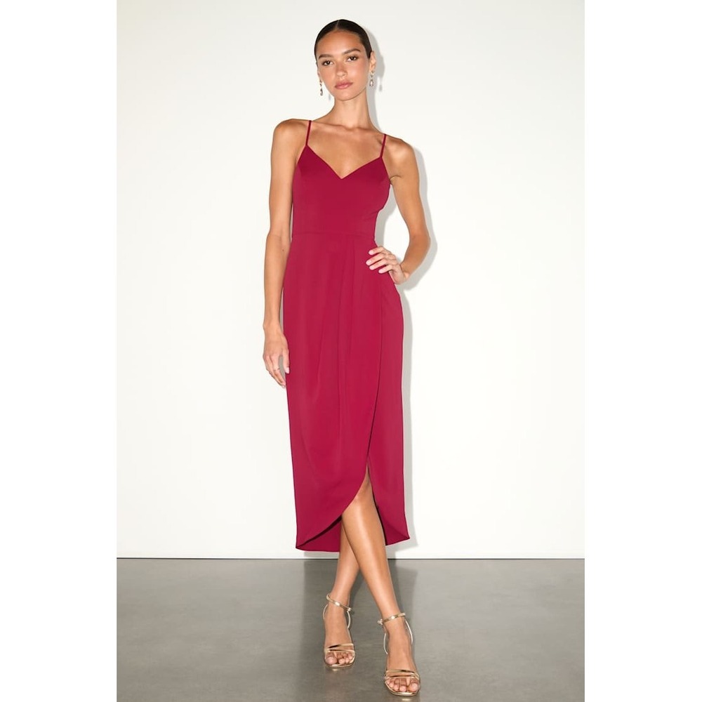 Lulus Reinette Burgundy Wine Red Tulip Midi Dress Adjustable Straps NWT Large